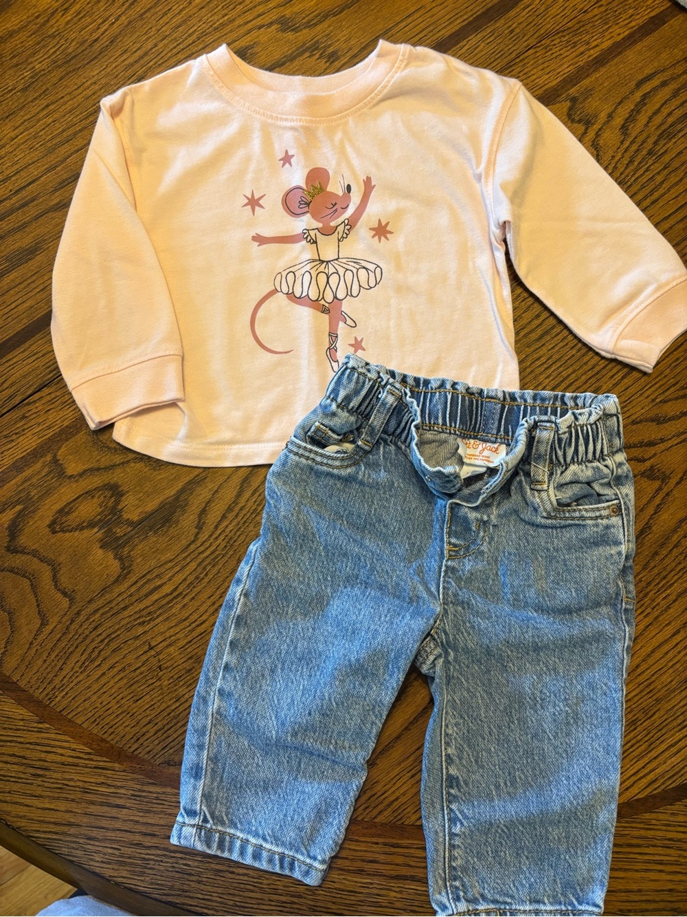 Children's Pink Ballerina Top and Blue Denim Jeans Set